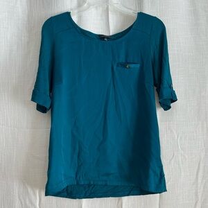 The Limited Teal Silky Crew Neck Blouse with Button Detail